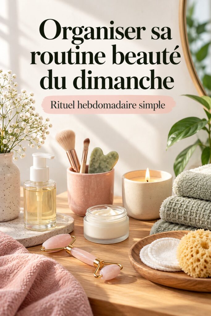 Femme relaxée lors de sa routine beauté du dimanche, avec des produits de soin sur sa coiffeuse