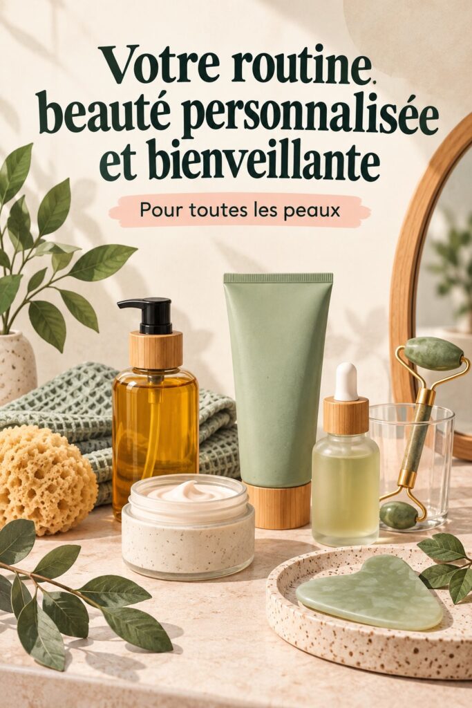 Femme souriante prenant soin de sa peau avec des produits de beauté naturels.